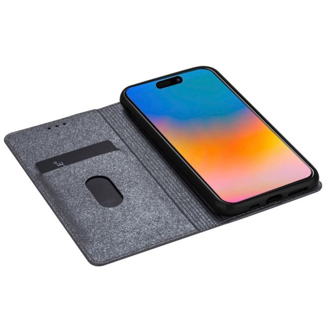 iPhone 15 Plus Case - Glittering Leather Book Cover - Glitter Sequins Stand Series - Grey