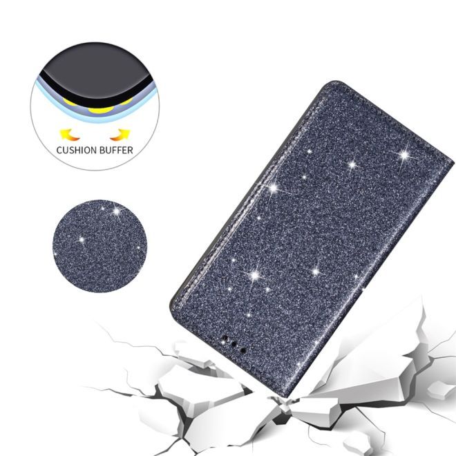 iPhone 15 Plus Case - Glittering Leather Book Cover - Glitter Sequins Stand Series - Grey