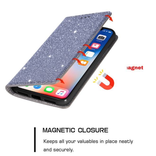iPhone 15 Plus Case - Glittering Leather Book Cover - Glitter Sequins Stand Series - Grey