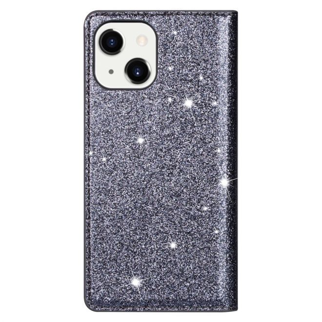 iPhone 15 Plus Case - Glittering Leather Book Cover - Glitter Sequins Stand Series - Grey