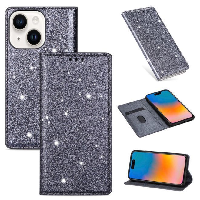 iPhone 15 Plus Case - Glittering Leather Book Cover - Glitter Sequins Stand Series - Grey