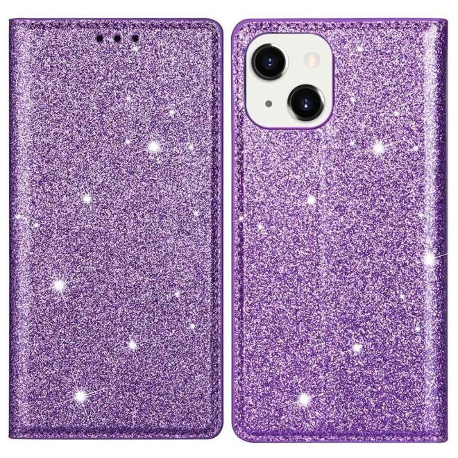 iPhone 15 Plus Case - Glittering Leather Book Cover - Glitter Sequins Stand Series - Purple