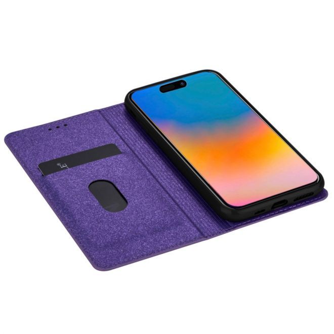 iPhone 15 Plus Case - Glittering Leather Book Cover - Glitter Sequins Stand Series - Purple
