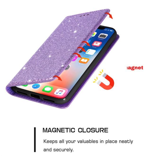 iPhone 15 Plus Case - Glittering Leather Book Cover - Glitter Sequins Stand Series - Purple