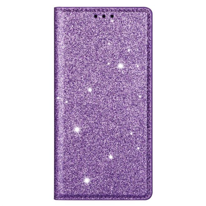 iPhone 15 Plus Case - Glittering Leather Book Cover - Glitter Sequins Stand Series - Purple