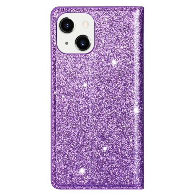 iPhone 15 Plus Case - Glittering Leather Book Cover - Glitter Sequins Stand Series - Purple
