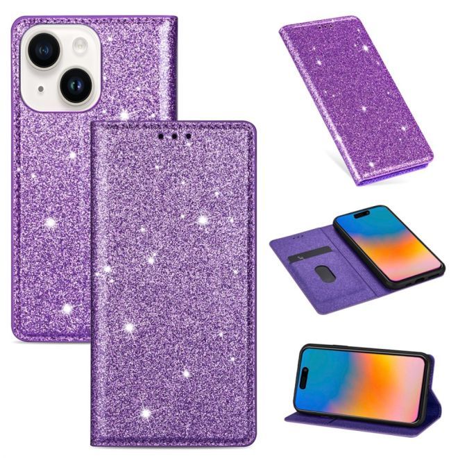 iPhone 15 Plus Case - Glittering Leather Book Cover - Glitter Sequins Stand Series - Purple