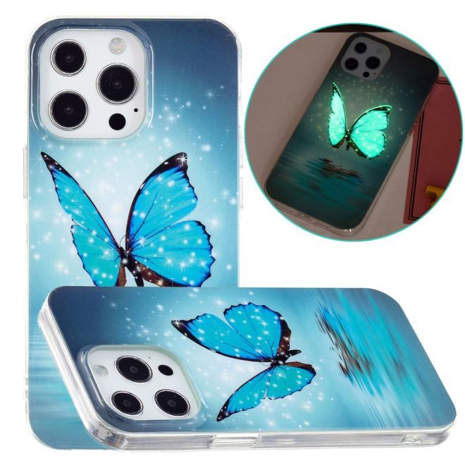 iPhone 15 Pro Max Handyhülle - Leuchtendes Case - Softcase Image Plastik Series - blauer Schmetterling