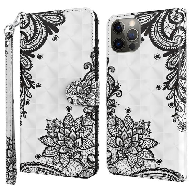 iPhone 15 Pro Max Phone Case - Leather Bookcover Image Series - Black Flowers