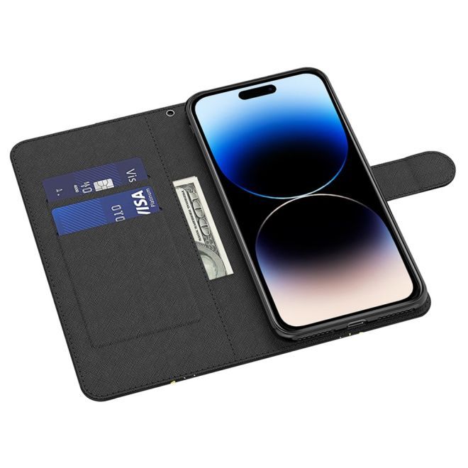 iPhone 15 Pro Max Phone Case - Leather Bookcover Image Series - Black Flowers
