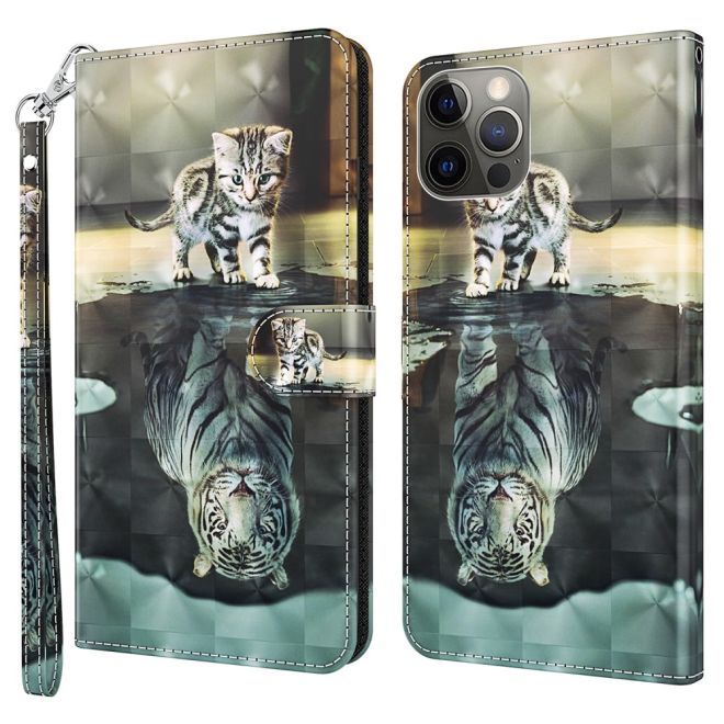 iPhone 15 Handy Hülle - Leder Bookcover Image Series - Katze und Tiger