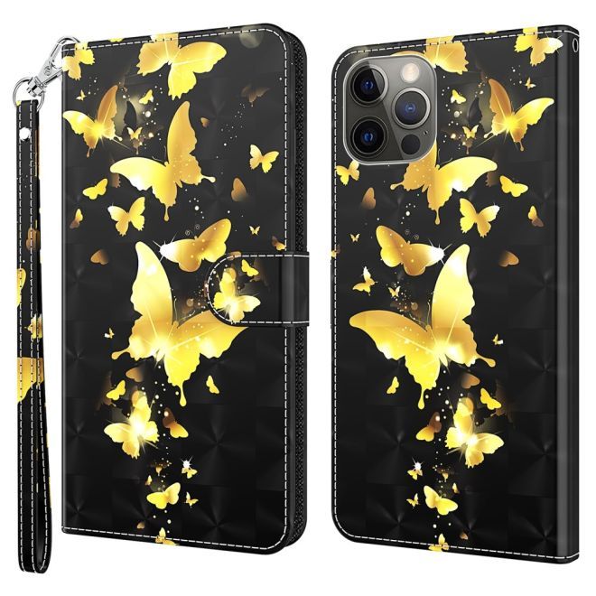 iPhone 15 Plus Phone Case - Leather Bookcover Image Series - Golden Butterfly