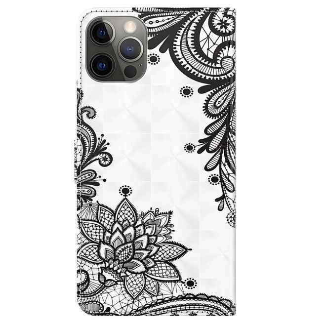 iPhone 15 Plus Phone Case - Leather Bookcover Image Series - Black Flowers