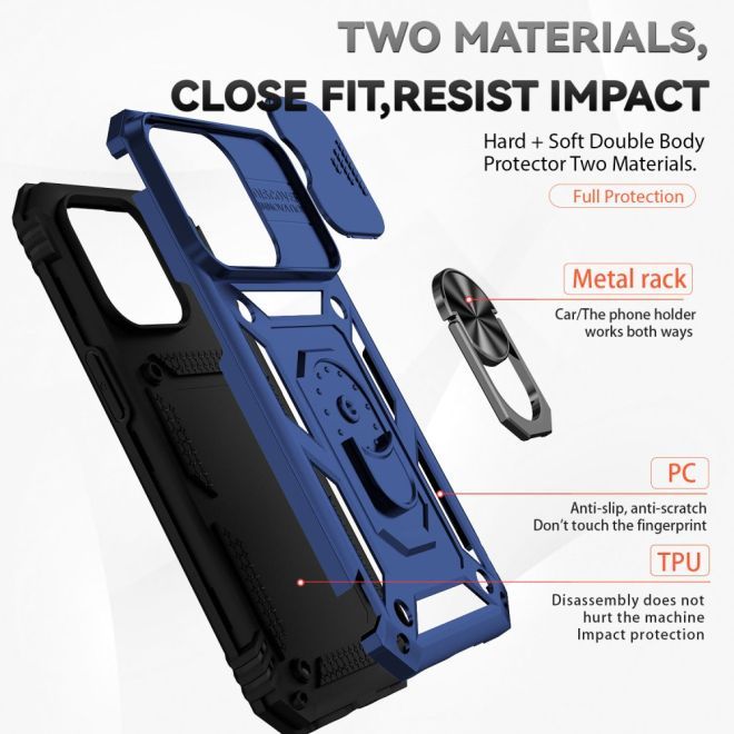 iPhone 15 Pro Max Handy Hülle - Robustes Hardcase mit Kickstand - Kickstand Slide Cam Series - blau