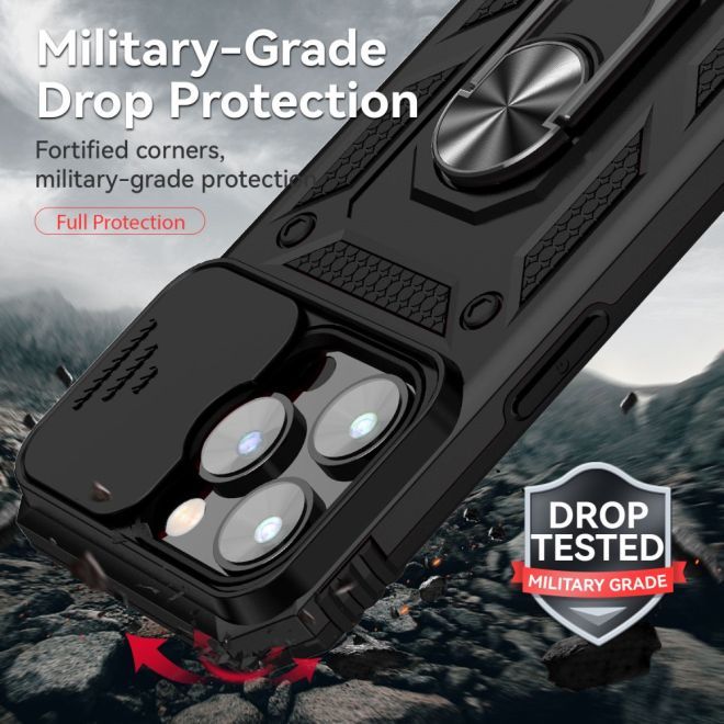 iPhone 15 Pro Max Handy Hülle - Robustes Hardcase mit Kickstand - Kickstand Slide Cam Series - schwarz
