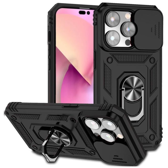 iPhone 15 Pro Handy Hülle - Robustes Hardcase mit Kickstand - Kickstand Slide Cam Series - schwarz
