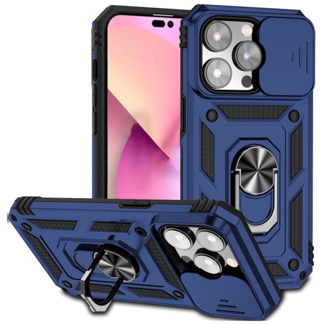 iPhone 15 Pro Handy Hülle - Robustes Hardcase mit Kickstand - Kickstand Slide Cam Series - blau