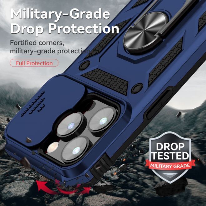 iPhone 15 Pro Handy Hülle - Robustes Hardcase mit Kickstand - Kickstand Slide Cam Series - blau