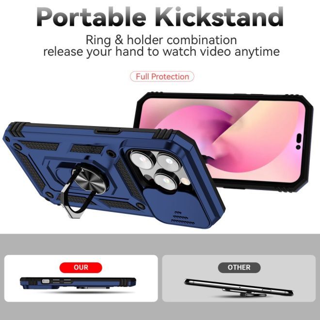 iPhone 15 Pro Handy Hülle - Robustes Hardcase mit Kickstand - Kickstand Slide Cam Series - blau