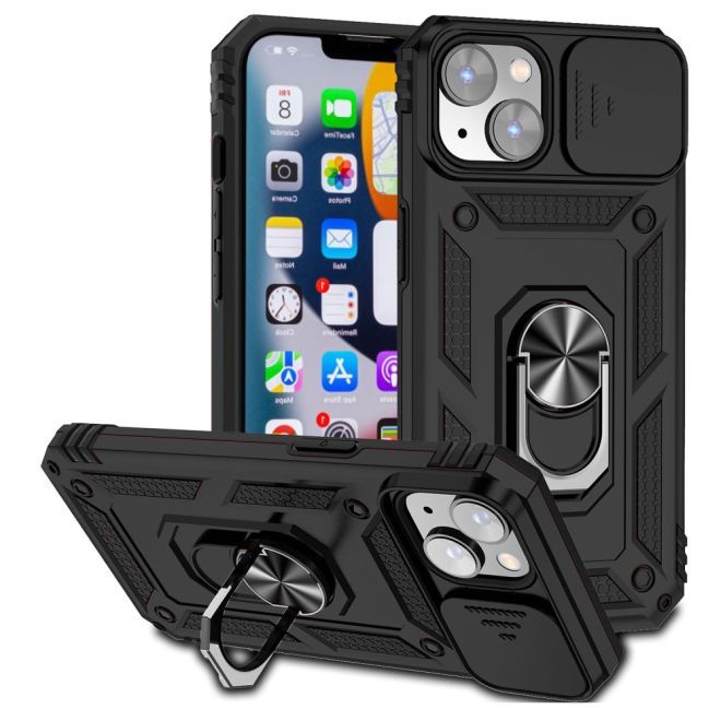 iPhone 15 Plus Handy Hülle - Robustes Hardcase mit Kickstand - Kickstand Slide Cam Series - schwarz