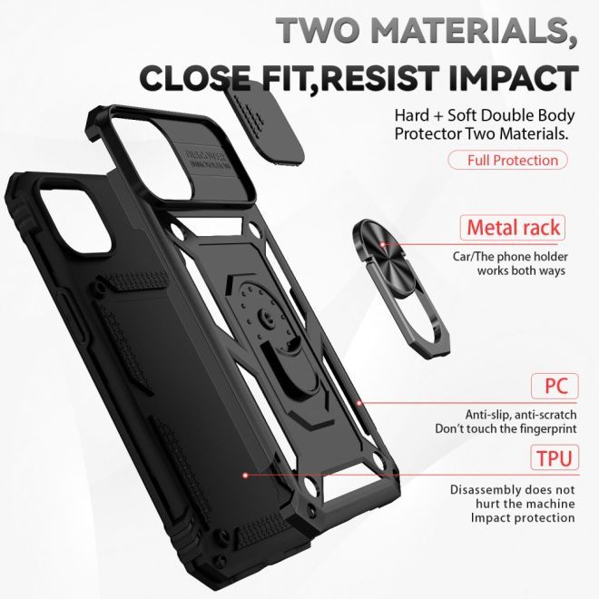iPhone 15 Plus Handy Hülle - Robustes Hardcase mit Kickstand - Kickstand Slide Cam Series - schwarz