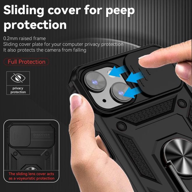 iPhone 15 Plus Handy Hülle - Robustes Hardcase mit Kickstand - Kickstand Slide Cam Series - schwarz