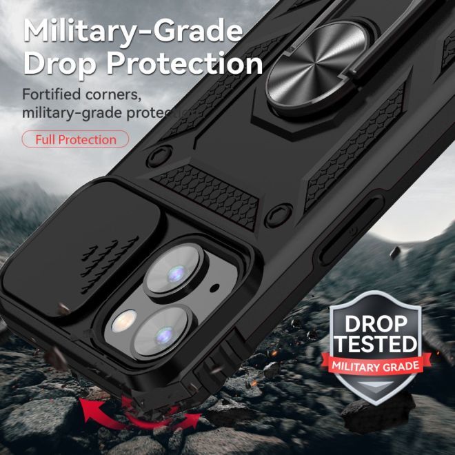 iPhone 15 Plus Handy Hülle - Robustes Hardcase mit Kickstand - Kickstand Slide Cam Series - schwarz