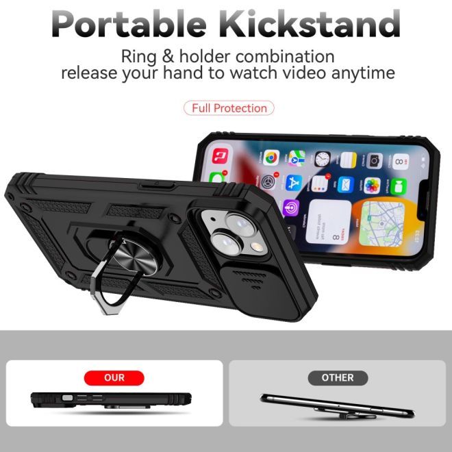 iPhone 15 Plus Handy Hülle - Robustes Hardcase mit Kickstand - Kickstand Slide Cam Series - schwarz