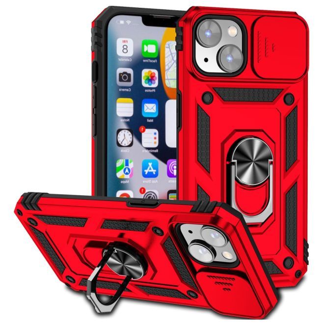 iPhone 15 Plus Phone Case - Robust Hard Case with Kickstand - Kickstand Slide Cam Series - Red