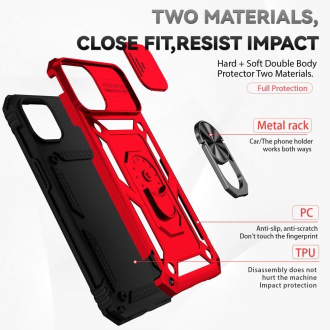iPhone 15 Plus Phone Case - Robust Hard Case with Kickstand - Kickstand Slide Cam Series - Red