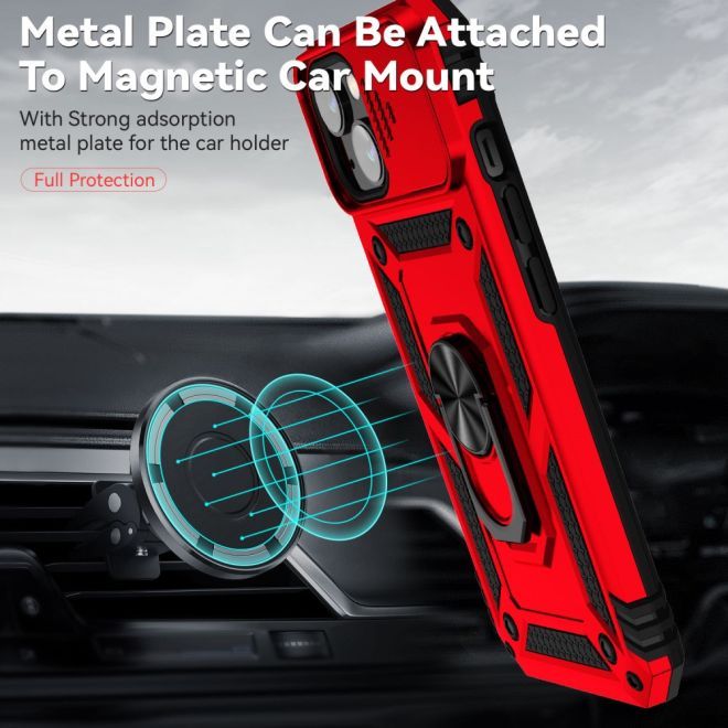 iPhone 15 Plus Phone Case - Robust Hard Case with Kickstand - Kickstand Slide Cam Series - Red
