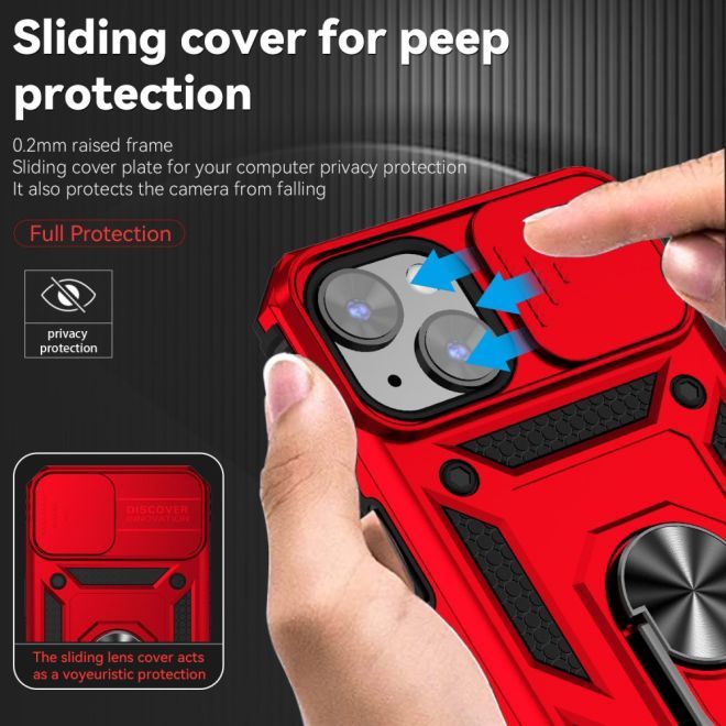 iPhone 15 Plus Phone Case - Robust Hard Case with Kickstand - Kickstand Slide Cam Series - Red