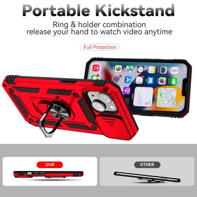 iPhone 15 Plus Phone Case - Robust Hard Case with Kickstand - Kickstand Slide Cam Series - Red