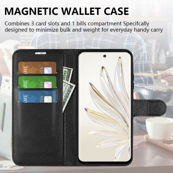 Honor 70 5G Handy Hülle - Litchi Leder Bookcover Series - schwarz