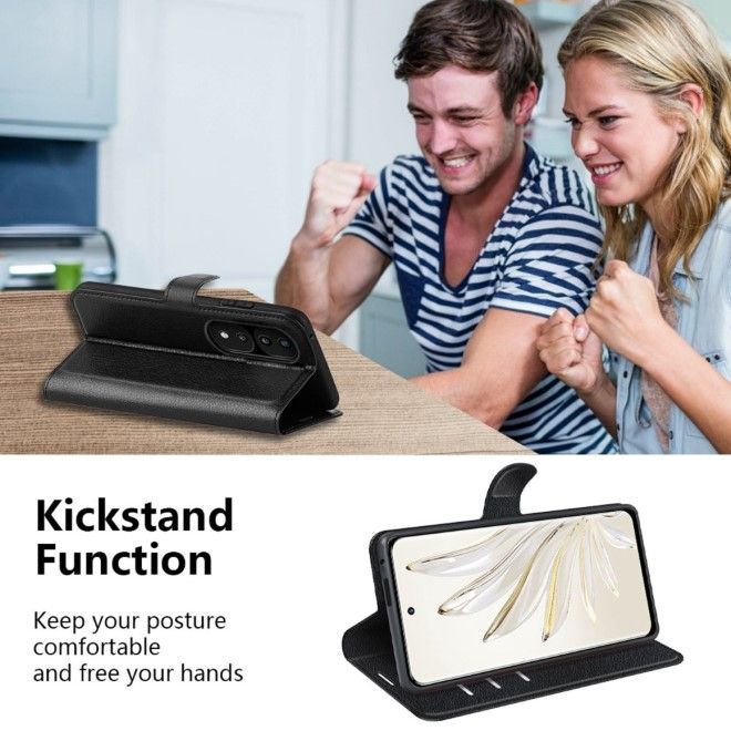 Honor 70 5G Handy Hülle - Litchi Leder Bookcover Series - schwarz