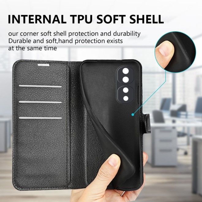 Honor 70 5G Handy Hülle - Litchi Leder Bookcover Series - schwarz
