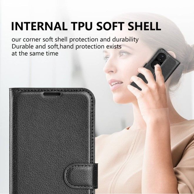 Honor 70 5G Handy Hülle - Litchi Leder Bookcover Series - schwarz