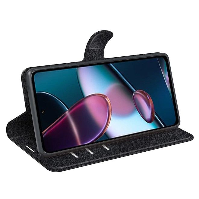 Motorola Edge 30 5G Handy Hülle - Litchi Leder Bookcover Series - schwarz