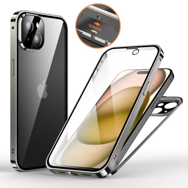 Coque pour iPhone 15 - Coque en aluminium et verre trempé à 360° avec mécanisme de verrouillage - Grise