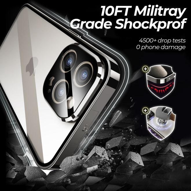 Coque pour iPhone 15 - Coque en aluminium et verre trempé à 360° avec mécanisme de verrouillage - Grise