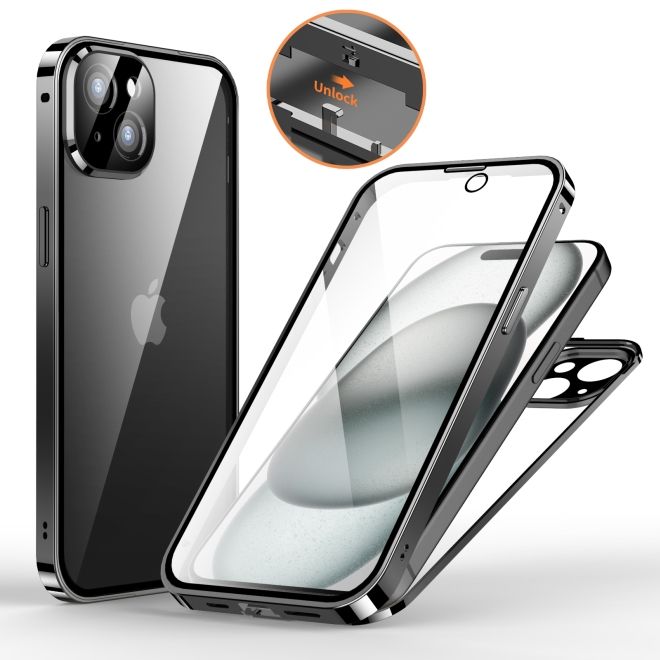 iPhone 15 Plus Case - 360 Degree Tempered Glass Aluminum Case with Locking Mechanism - Black
