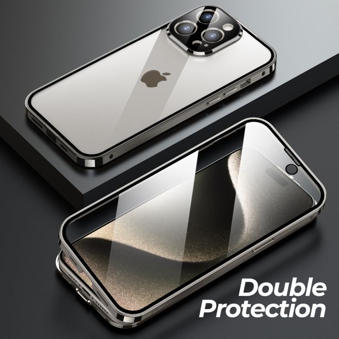 iPhone 15 Plus Case - 360 Degree Tempered Glass Aluminum Case with Locking Mechanism - Black