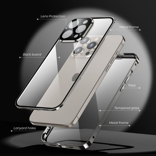 iPhone 15 Plus Case - 360 Degree Tempered Glass Aluminum Case with Locking Mechanism - Black