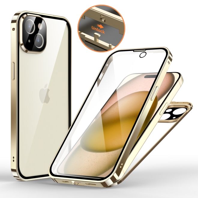 iPhone 15 Plus Case - 360 Degree Tempered Glass Aluminum Case with Locking Mechanism - Champagne