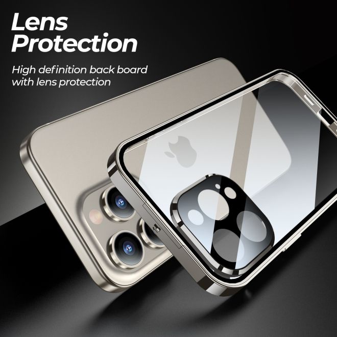iPhone 15 Plus Case - 360 Degree Tempered Glass Aluminum Case with Locking Mechanism - Champagne