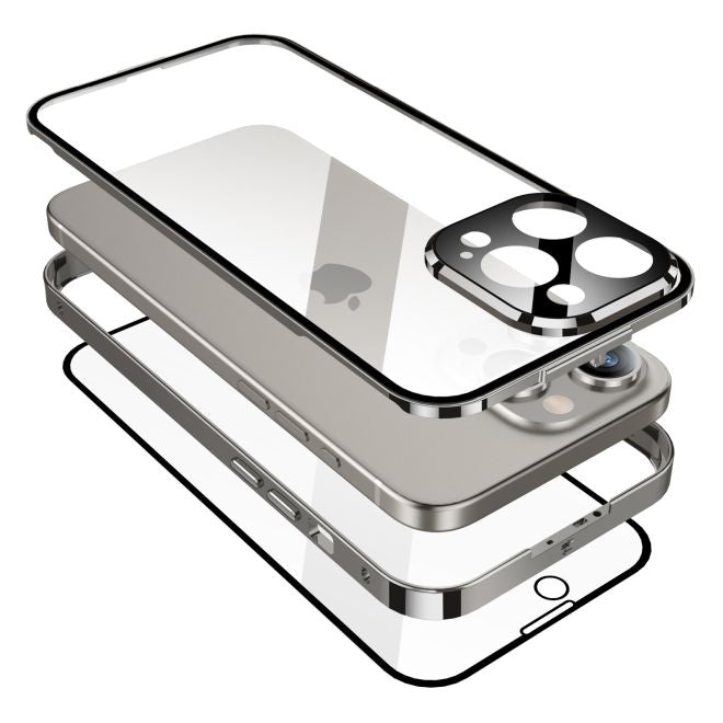 iPhone 15 Plus Hülle - 360 Grad PanzerGlas Alu Case mit Verriegelungsmechanismus - grau