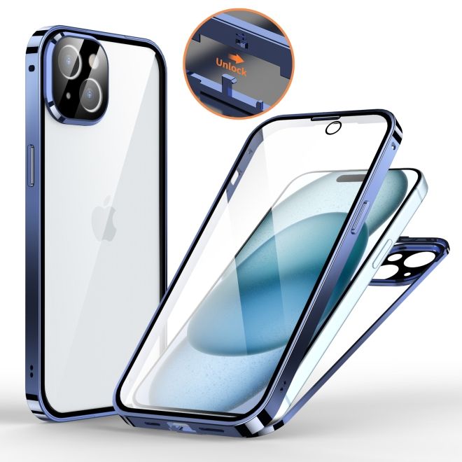 Coque pour iPhone 15 Plus - Verre trempé à 360° et aluminium avec mécanisme de verrouillage - Bleu marine