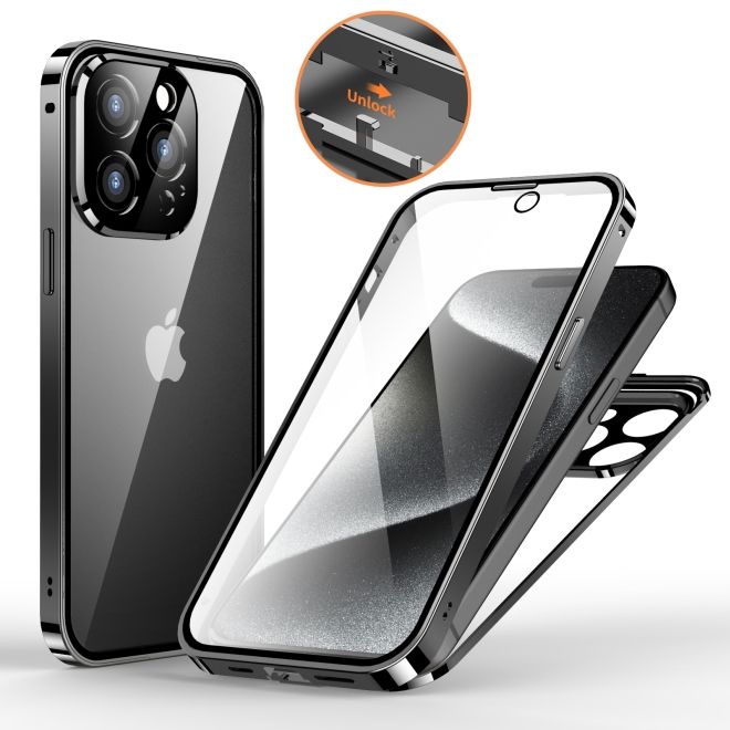 iPhone 15 Pro Hülle - 360 Grad PanzerGlas Alu Case mit Verriegelungsmechanismus - schwarz