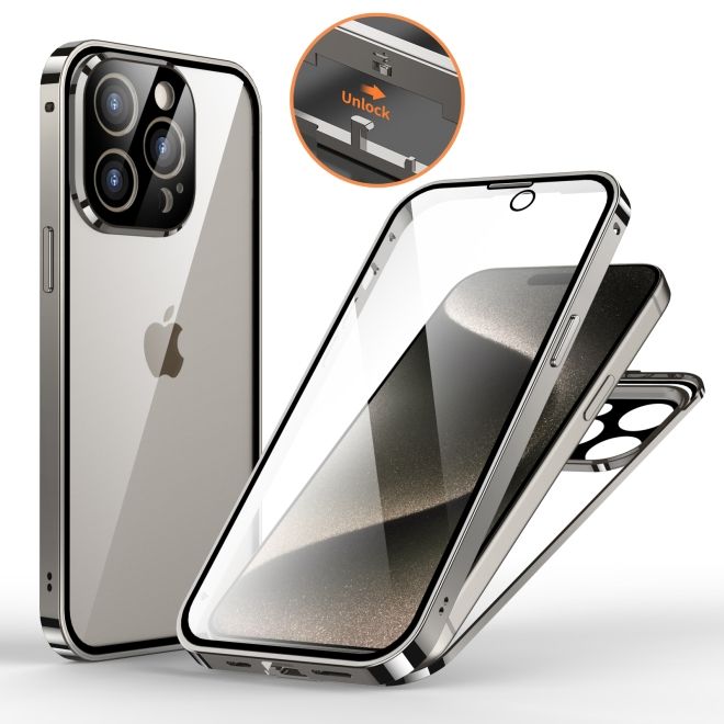 Coque pour iPhone 15 Pro - Verre trempé à 360° et aluminium avec mécanisme de verrouillage - Gris