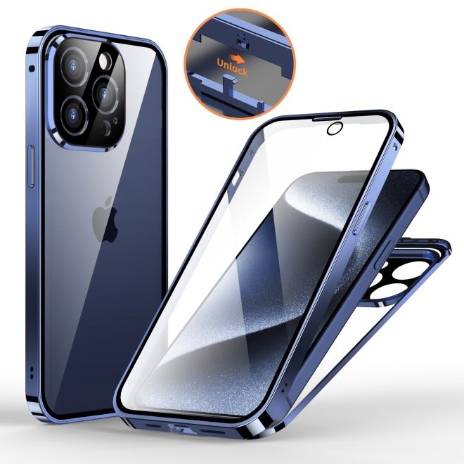 iPhone 15 Pro Hülle - 360 Grad PanzerGlas Alu Case mit Verriegelungsmechanismus - navy